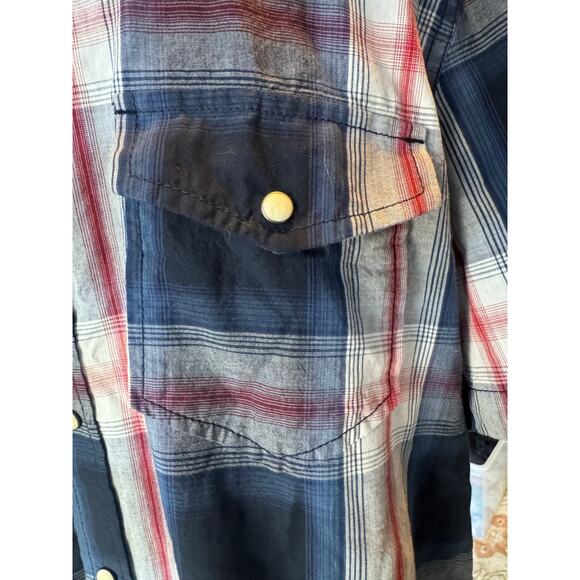 Men's L Short Sleeve Cotton Western Covered Snap Button Plaid Blue American Rag - Picture 3 of 6